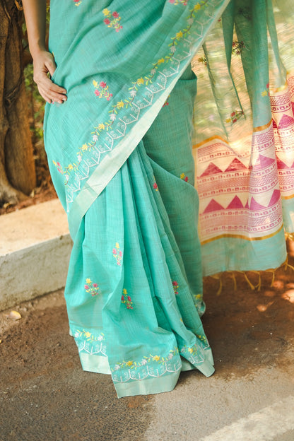 blue linen cotton sari drape on a woman